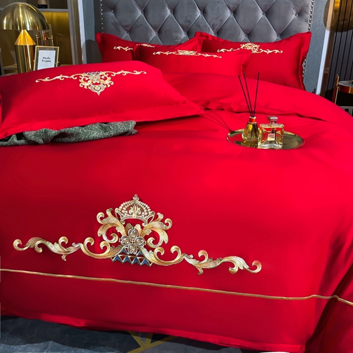 91家纺网 家纺一手货源 找家纺 慕她家纺 2026年全棉纯棉婚庆四件套大红色刺绣结床上用品 皇家风范大红