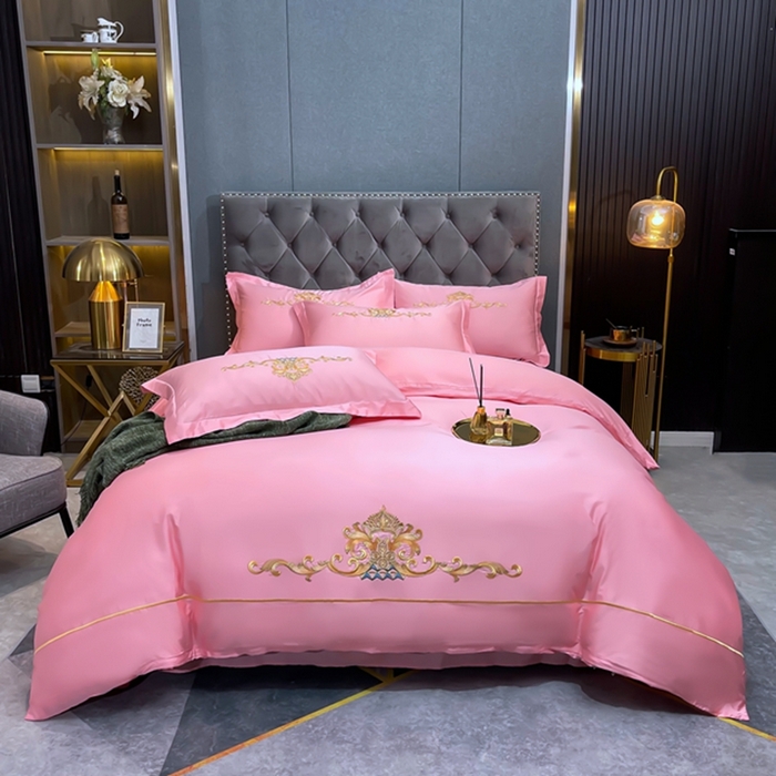 慕她家纺 2026年全棉纯棉婚庆四件套大红色刺绣结床上用品 皇家风范粉玉