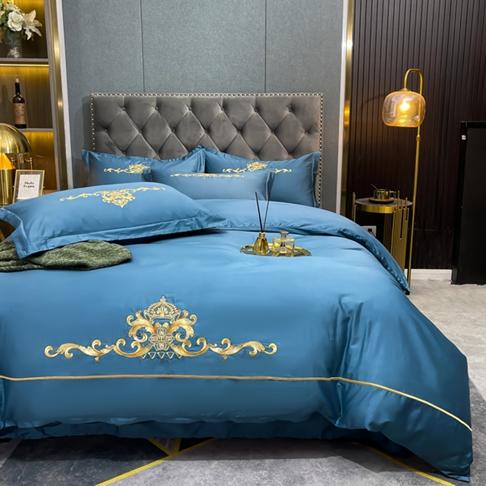 91家纺网 家纺一手货源 找家纺 慕她家纺 2026年全棉纯棉婚庆四件套大红色刺绣结床上用品 皇家风范蓝灰