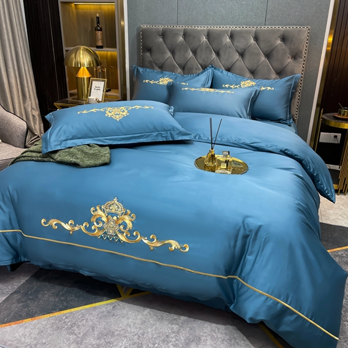 91家纺网 家纺一手货源 找家纺 慕她家纺 2026年全棉纯棉婚庆四件套大红色刺绣结床上用品 皇家风范蓝灰