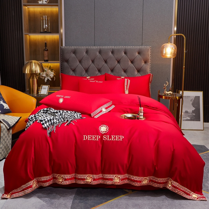 慕她家纺 2026年全棉纯棉婚庆四件套大红色刺绣结床上用品 倾心 大红