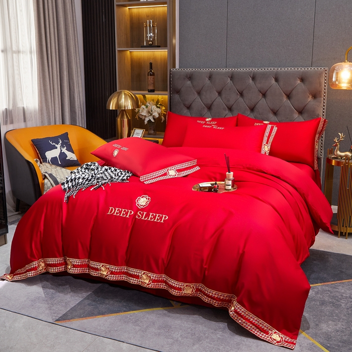 91家纺网 家纺一手货源 找家纺 慕她家纺 2026年全棉纯棉婚庆四件套大红色刺绣结床上用品 倾心 大红