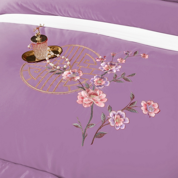 91家纺网 家纺一手货源 找家纺 慕她家纺 2026年全棉纯棉婚庆四件套大红色刺绣结床上用品 暗香 紫豆沙