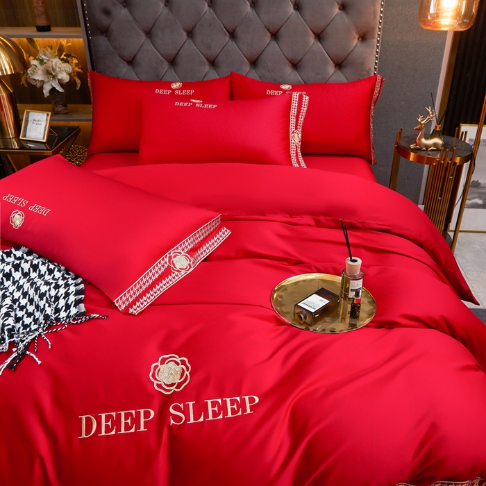 91家纺网 家纺一手货源 找家纺 慕她家纺 2026年全棉纯棉婚庆四件套大红色刺绣结床上用品 倾心 大红