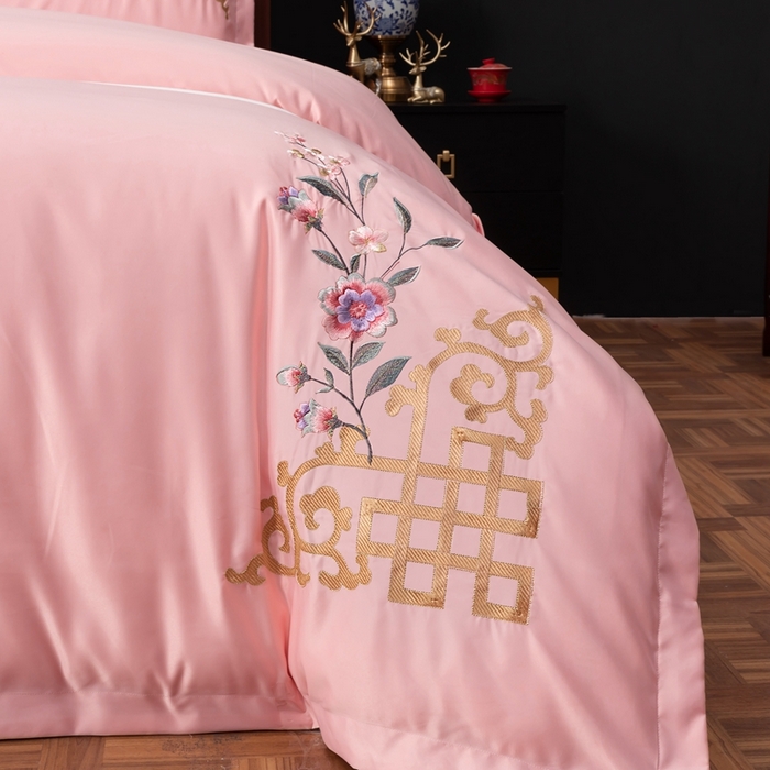 91家纺网 家纺一手货源 找家纺 慕她家纺 2026年全棉纯棉婚庆四件套大红色刺绣结床上用品 暗香 粉玉