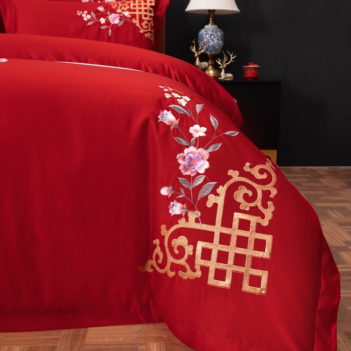 91家纺网 家纺一手货源 找家纺 慕她家纺 2026年全棉纯棉婚庆四件套大红色刺绣结床上用品 暗香 大红