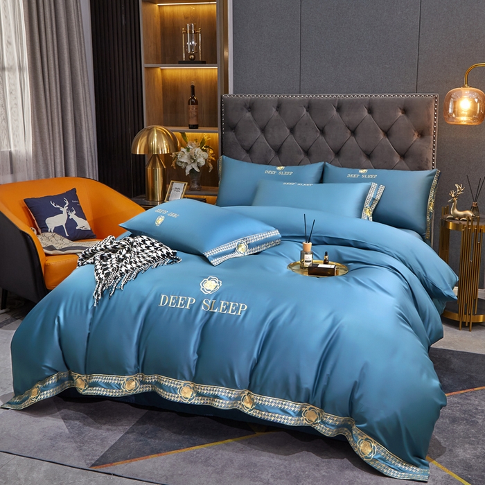 91家纺网 家纺一手货源 找家纺 慕她家纺 2026年全棉纯棉婚庆四件套大红色刺绣结床上用品 倾心 蓝灰