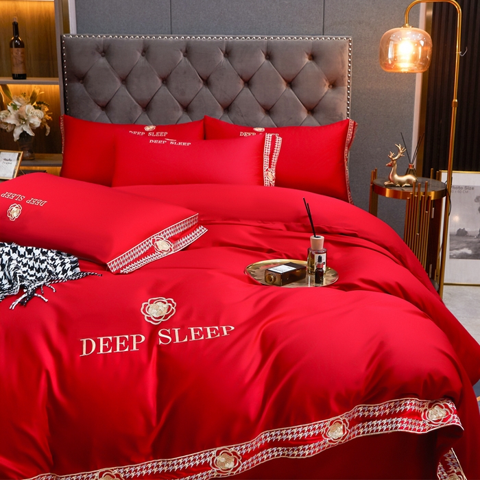 91家纺网 家纺一手货源 找家纺 慕她家纺 2026年全棉纯棉婚庆四件套大红色刺绣结床上用品 倾心 大红