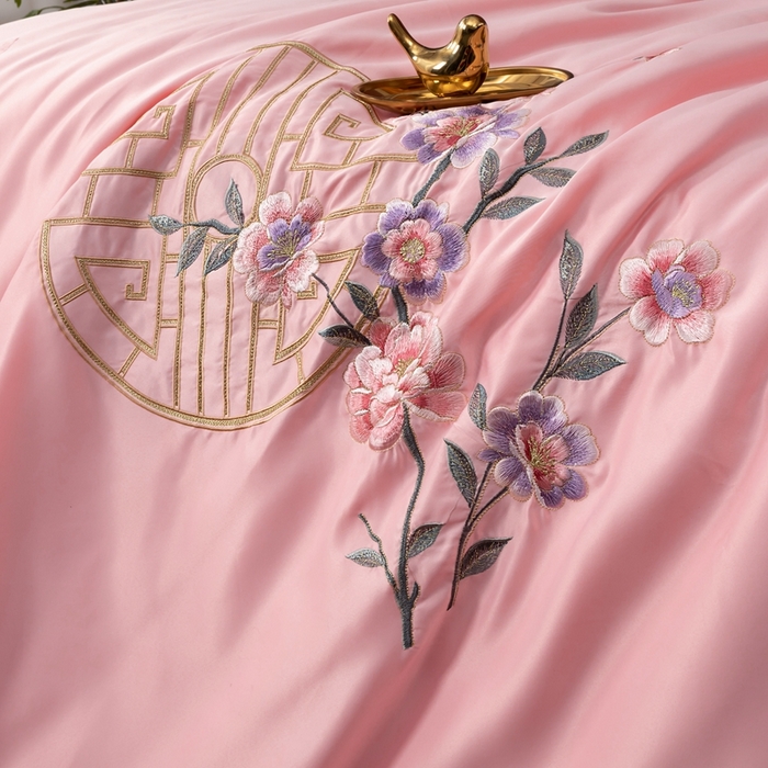 91家纺网 家纺一手货源 找家纺 慕她家纺 2026年全棉纯棉婚庆四件套大红色刺绣结床上用品 暗香 粉玉