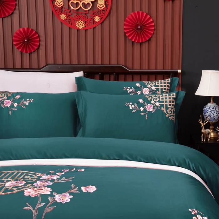 91家纺网 家纺一手货源 找家纺 慕她家纺 2026年全棉纯棉婚庆四件套大红色刺绣结床上用品 暗香 孔雀绿