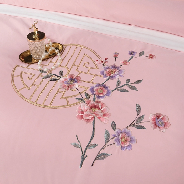 91家纺网 家纺一手货源 找家纺 慕她家纺 2026年全棉纯棉婚庆四件套大红色刺绣结床上用品 暗香 豆沙