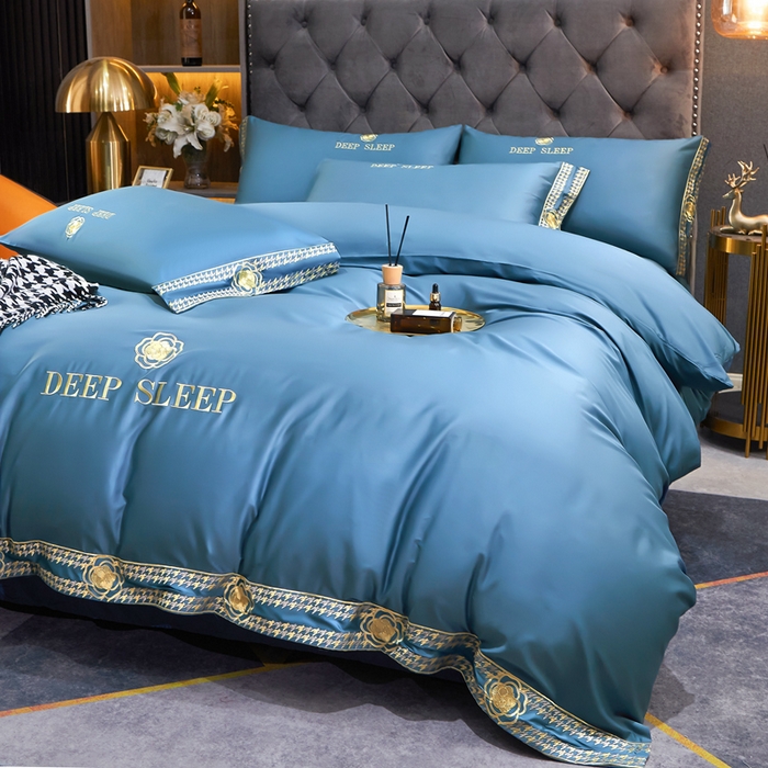 91家纺网 家纺一手货源 找家纺 慕她家纺 2026年全棉纯棉婚庆四件套大红色刺绣结床上用品 倾心 蓝灰