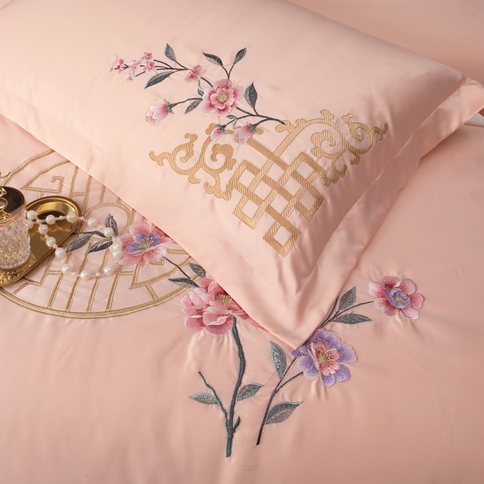 91家纺网 家纺一手货源 找家纺 慕她家纺 2026年全棉纯棉婚庆四件套大红色刺绣结床上用品 暗香 驼色