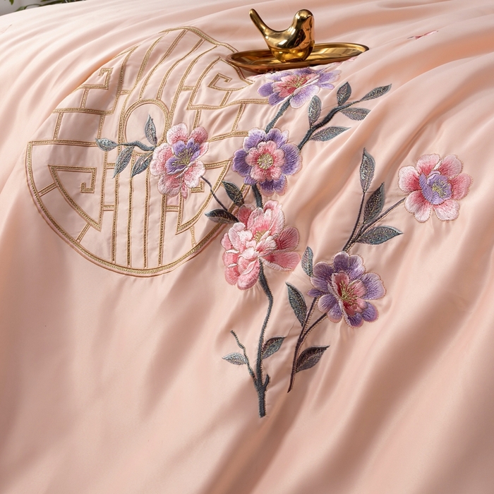 91家纺网 家纺一手货源 找家纺 慕她家纺 2026年全棉纯棉婚庆四件套大红色刺绣结床上用品 暗香 驼色