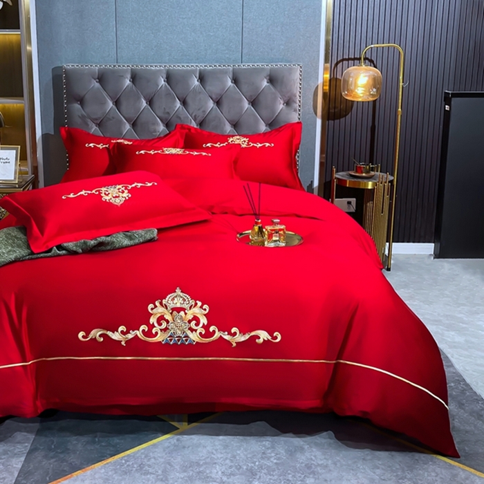 91家纺网 家纺一手货源 找家纺 慕她家纺 2026年全棉纯棉婚庆四件套大红色刺绣结床上用品 皇家风范大红
