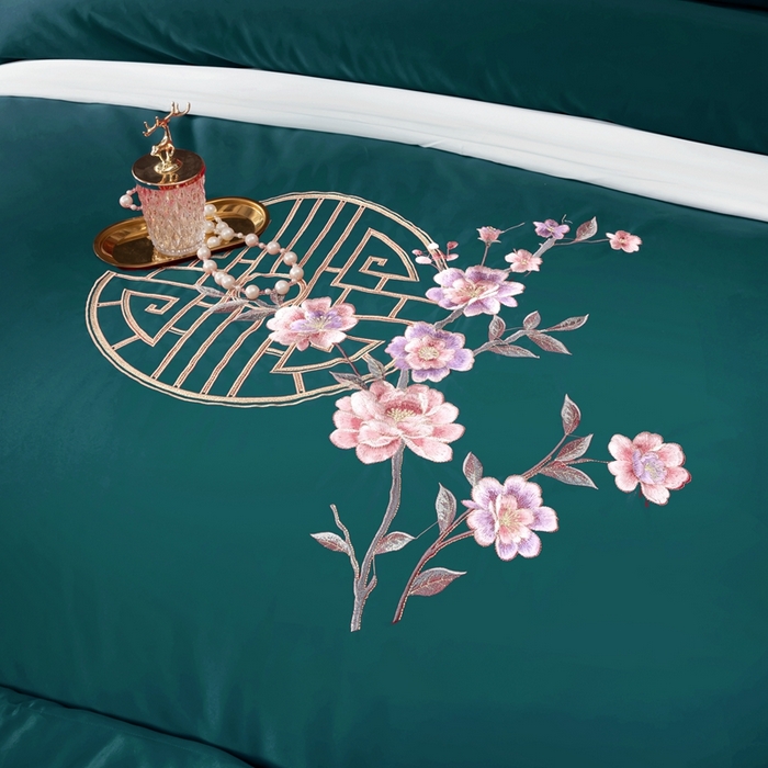 91家纺网 家纺一手货源 找家纺 慕她家纺 2026年全棉纯棉婚庆四件套大红色刺绣结床上用品 暗香 孔雀绿