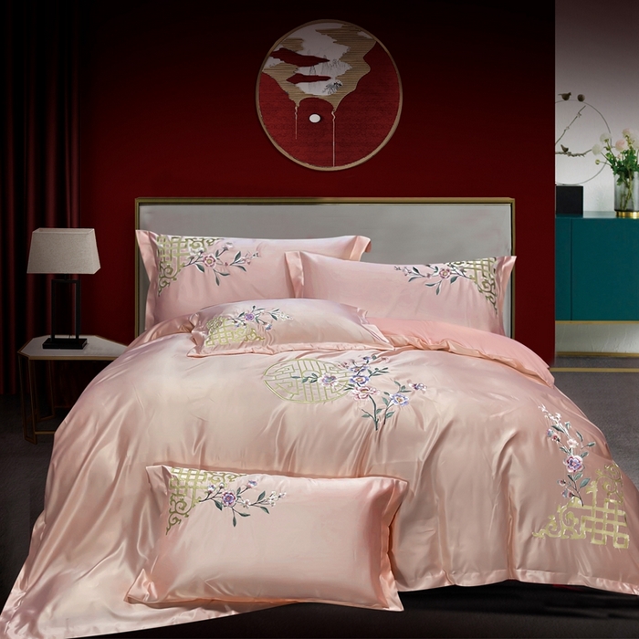 91家纺网 家纺一手货源 找家纺 慕她家纺 2026年全棉纯棉婚庆四件套大红色刺绣结床上用品 暗香 驼色