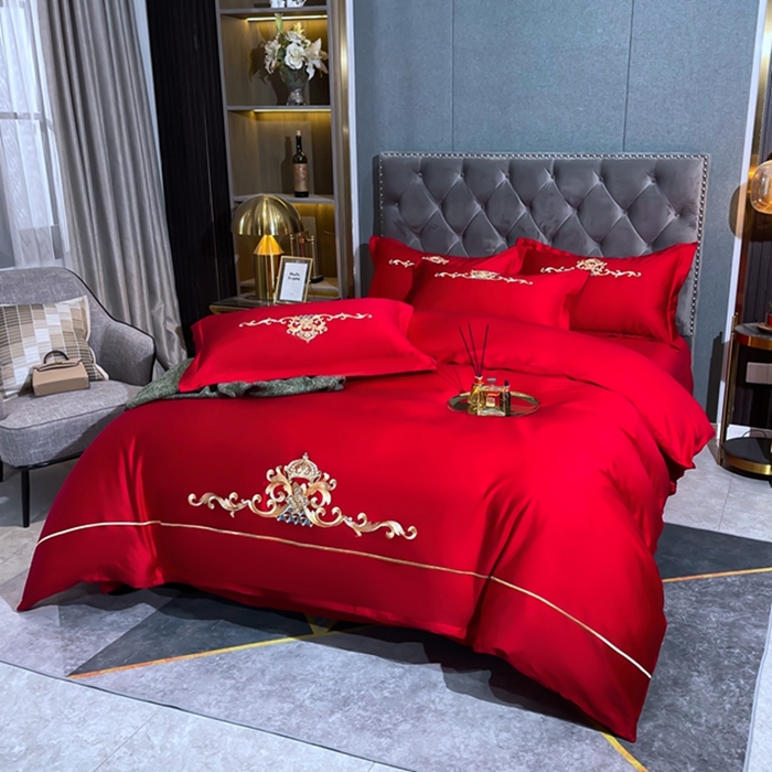 91家纺网 家纺一手货源 找家纺 慕她家纺 2026年全棉纯棉婚庆四件套大红色刺绣结床上用品 皇家风范大红