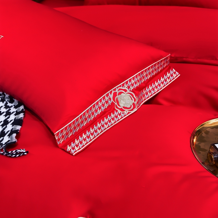 91家纺网 家纺一手货源 找家纺 慕她家纺 2026年全棉纯棉婚庆四件套大红色刺绣结床上用品 倾心 大红