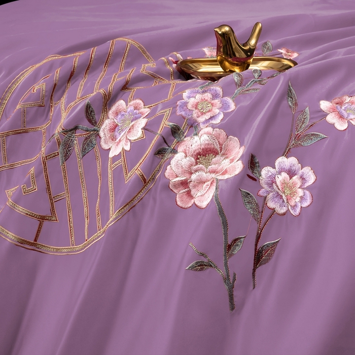 91家纺网 家纺一手货源 找家纺 慕她家纺 2026年全棉纯棉婚庆四件套大红色刺绣结床上用品 暗香 紫豆沙