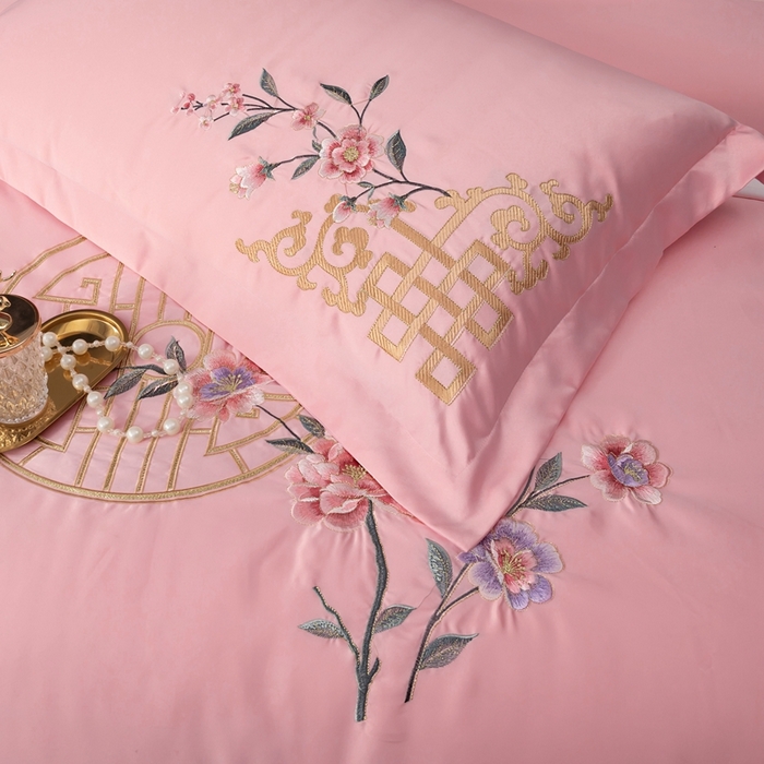 91家纺网 家纺一手货源 找家纺 慕她家纺 2026年全棉纯棉婚庆四件套大红色刺绣结床上用品 暗香 粉玉