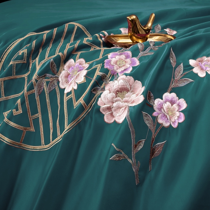 91家纺网 家纺一手货源 找家纺 慕她家纺 2026年全棉纯棉婚庆四件套大红色刺绣结床上用品 暗香 孔雀绿