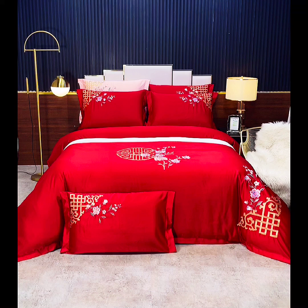 91家纺网 家纺一手货源 找家纺 慕她家纺 2026年全棉纯棉婚庆四件套大红色刺绣结床上用品 暗香 大红