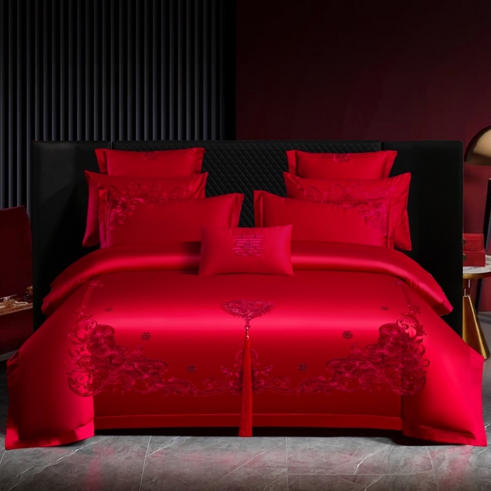 91家纺网 家纺一手货源 找家纺 （总）慕她家纺 2026年全棉纯棉婚庆四件套大红色刺绣结床上用品