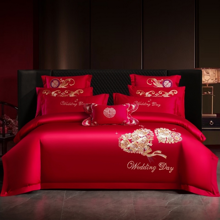 91家纺网 家纺一手货源 找家纺 （总）慕她家纺 2026年全棉纯棉婚庆四件套大红色刺绣结床上用品