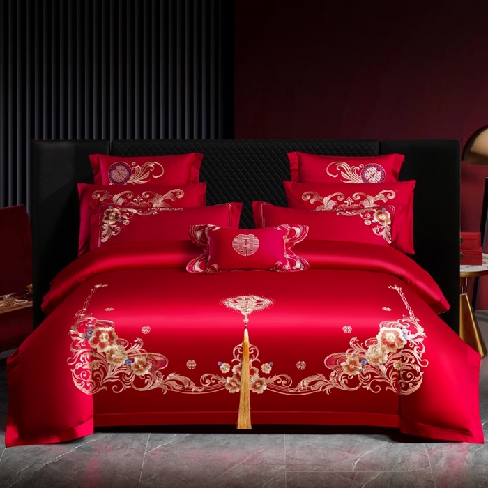 91家纺网 家纺一手货源 找家纺 （总）慕她家纺 2026年全棉纯棉婚庆四件套大红色刺绣结床上用品