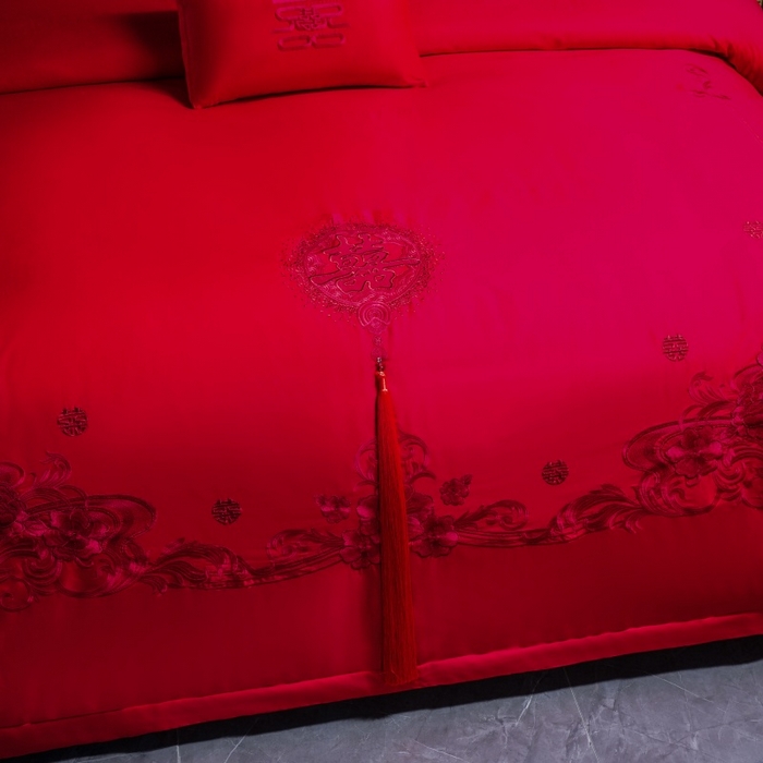 91家纺网 家纺一手货源 找家纺 慕她家纺 2026年全棉纯棉婚庆四件套大红色刺绣结床上用品 倾城之恋 红