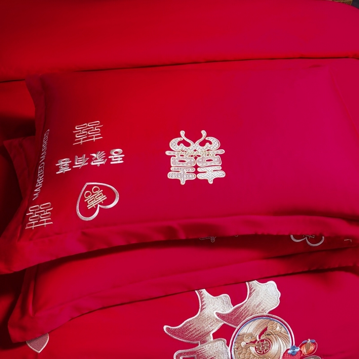 91家纺网 家纺一手货源 找家纺 慕她家纺 2026年全棉纯棉婚庆四件套大红色刺绣结床上用品 大喜日子