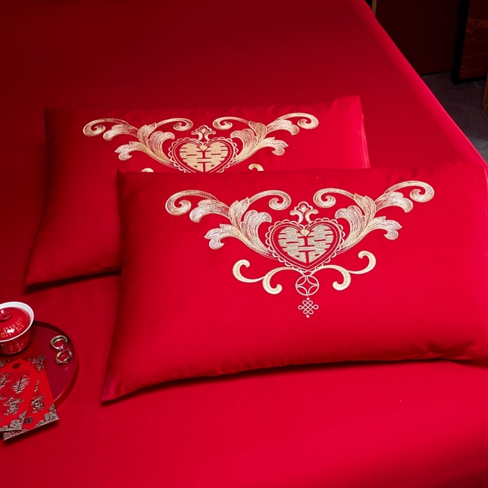 91家纺网 家纺一手货源 找家纺 慕她家纺 2026年全棉纯棉婚庆四件套大红色刺绣结床上用品 大喜日子