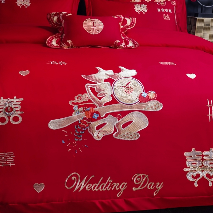 91家纺网 家纺一手货源 找家纺 慕她家纺 2026年全棉纯棉婚庆四件套大红色刺绣结床上用品 大喜日子