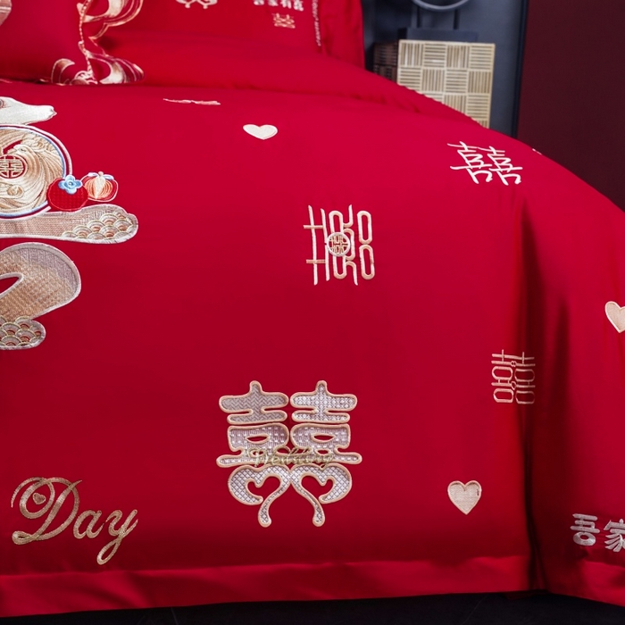 91家纺网 家纺一手货源 找家纺 慕她家纺 2026年全棉纯棉婚庆四件套大红色刺绣结床上用品 大喜日子