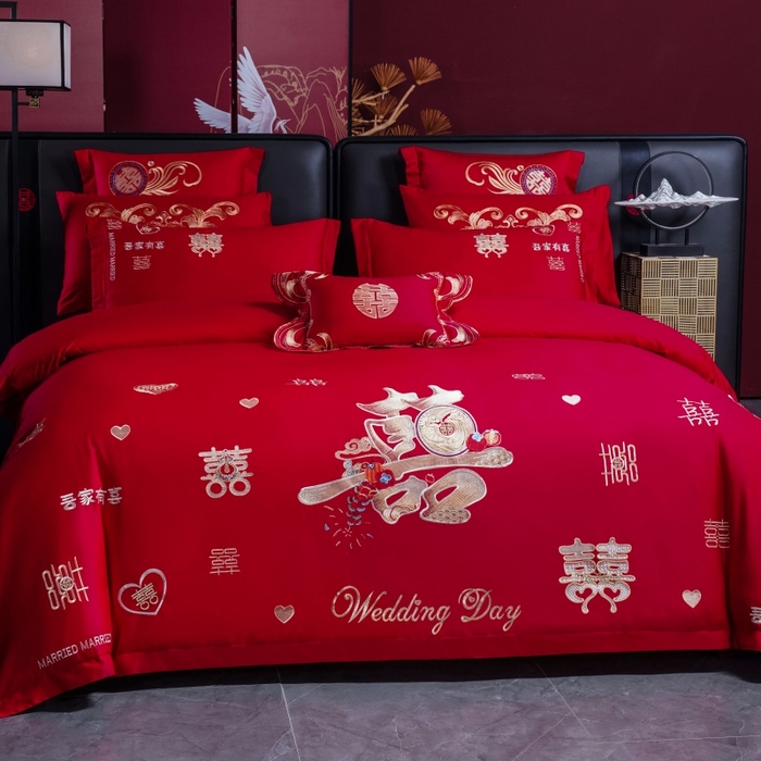91家纺网 家纺一手货源 找家纺 慕她家纺 2026年全棉纯棉婚庆四件套大红色刺绣结床上用品 大喜日子
