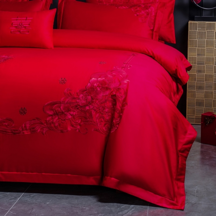 91家纺网 家纺一手货源 找家纺 慕她家纺 2026年全棉纯棉婚庆四件套大红色刺绣结床上用品 倾城之恋 红