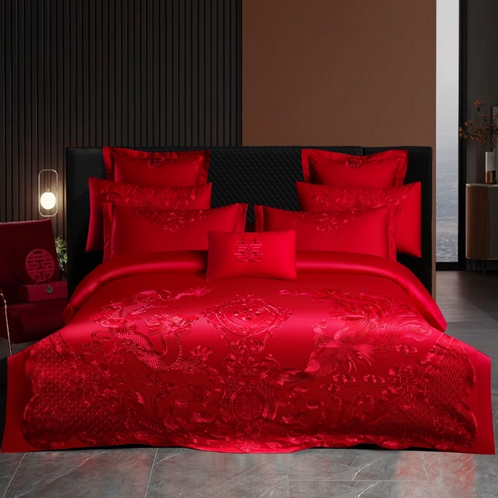 91家纺网 家纺一手货源 找家纺 （总）慕她家纺 2026年全棉纯棉婚庆四件套大红色刺绣结床上用品
