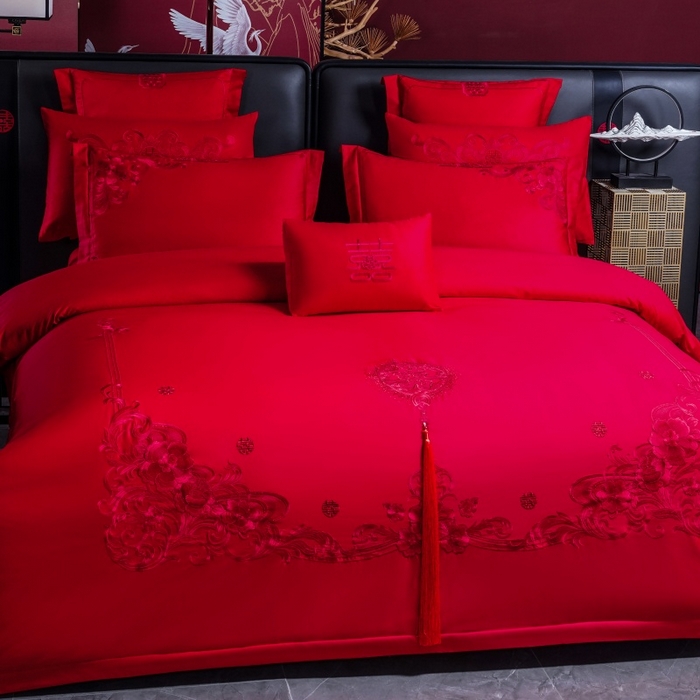 91家纺网 家纺一手货源 找家纺 慕她家纺 2026年全棉纯棉婚庆四件套大红色刺绣结床上用品 倾城之恋 红