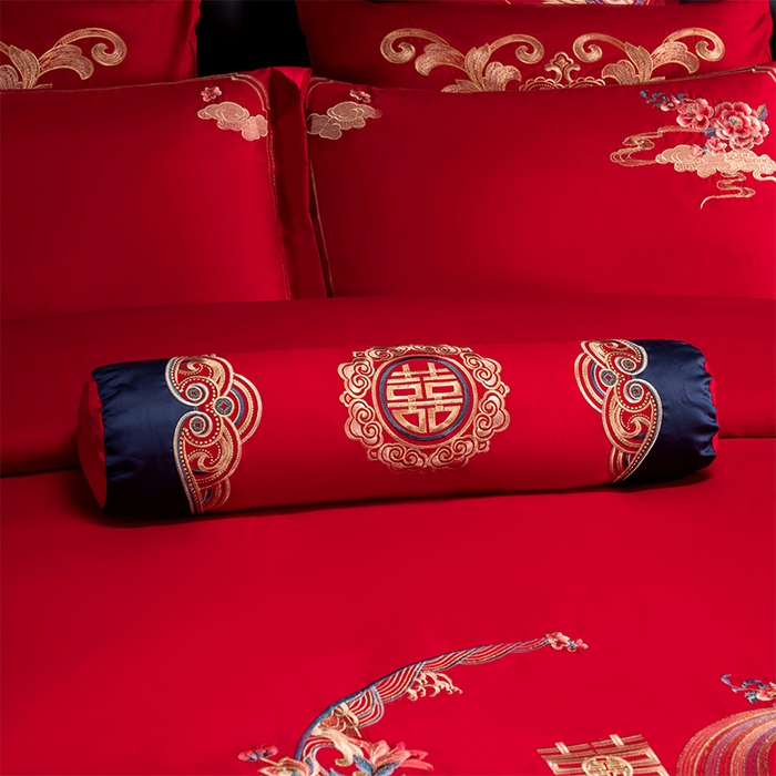 91家纺网 家纺一手货源 找家纺 慕她家纺 2026年全棉纯棉婚庆四件套大红色刺绣结床上用品 凤舞花晨 金