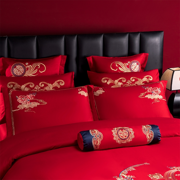 91家纺网 家纺一手货源 找家纺 慕她家纺 2026年全棉纯棉婚庆四件套大红色刺绣结床上用品 凤舞花晨 金