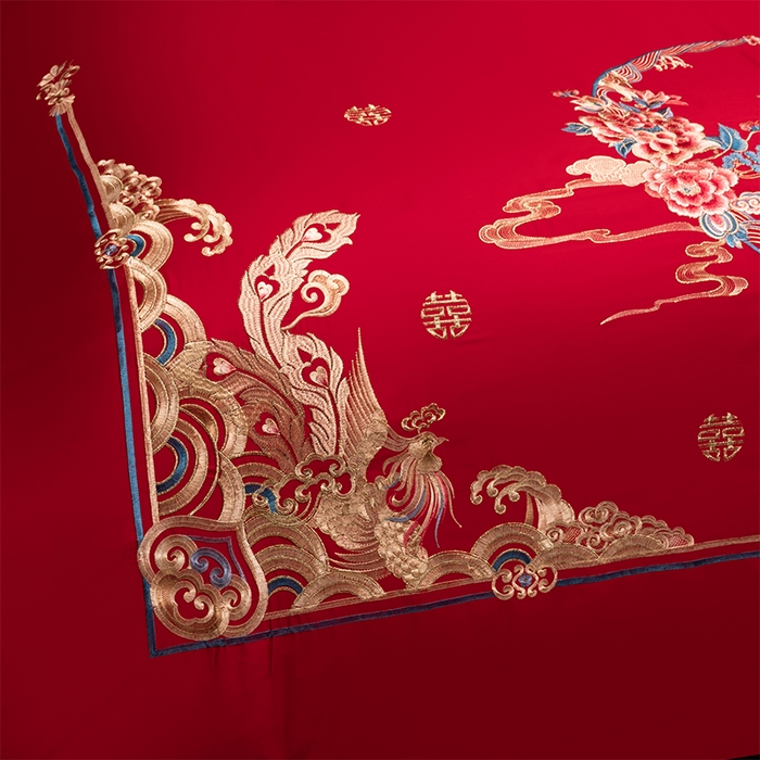 91家纺网 家纺一手货源 找家纺 慕她家纺 2026年全棉纯棉婚庆四件套大红色刺绣结床上用品 凤舞花晨 金