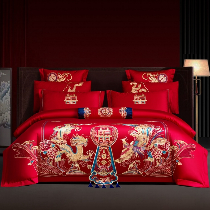 慕她家纺 2026年全棉纯棉婚庆四件套大红色刺绣结床上用品 浪漫龙凤