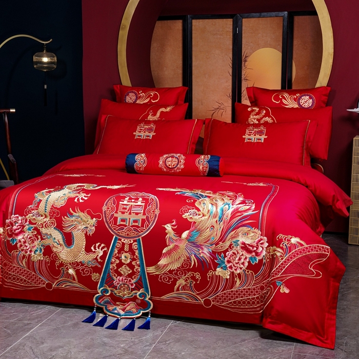 91家纺网 家纺一手货源 找家纺 慕她家纺 2026年全棉纯棉婚庆四件套大红色刺绣结床上用品 浪漫龙凤