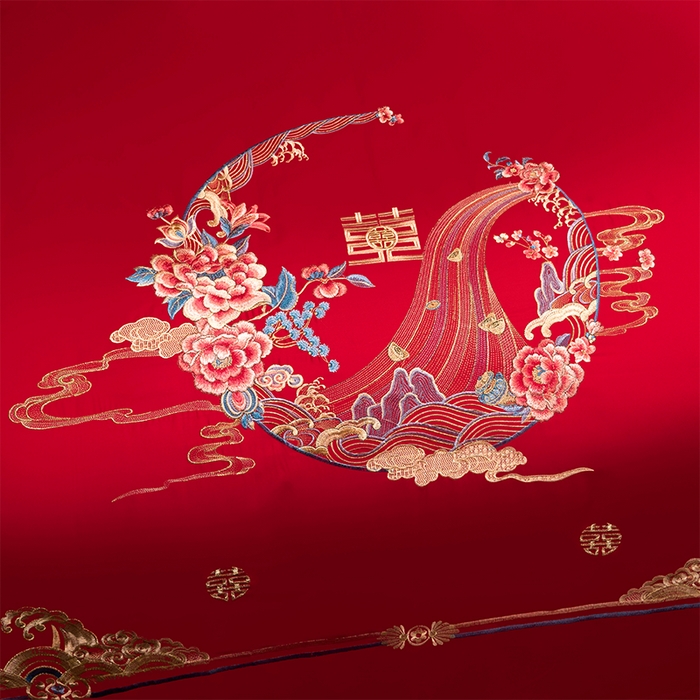 91家纺网 家纺一手货源 找家纺 慕她家纺 2026年全棉纯棉婚庆四件套大红色刺绣结床上用品 凤舞花晨 金