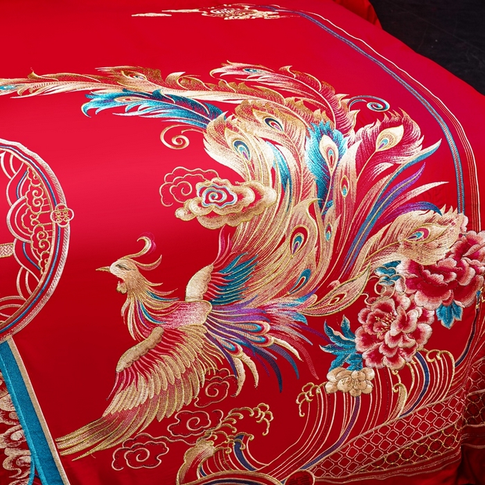 91家纺网 家纺一手货源 找家纺 慕她家纺 2026年全棉纯棉婚庆四件套大红色刺绣结床上用品 浪漫龙凤