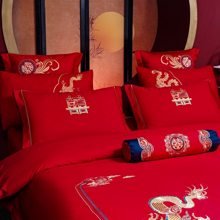 91家纺网 家纺一手货源 找家纺 慕她家纺 2026年全棉纯棉婚庆四件套大红色刺绣结床上用品 浪漫龙凤
