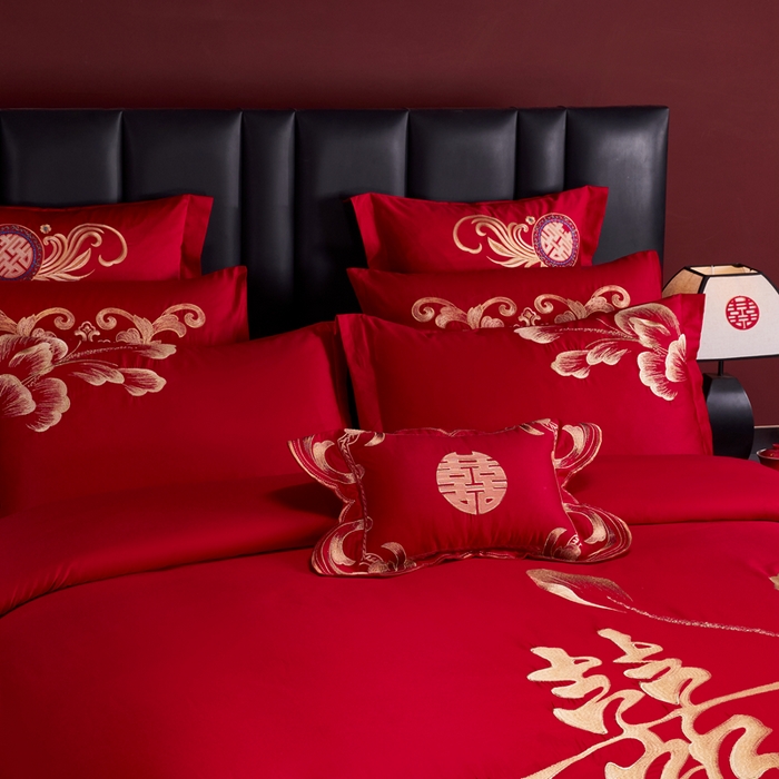 91家纺网 家纺一手货源 找家纺 慕她家纺 2026年全棉纯棉婚庆四件套大红色刺绣结床上用品 花海情深