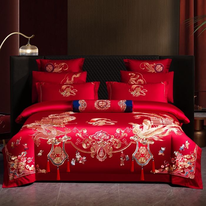91家纺网 家纺一手货源 找家纺 （总）慕她家纺 2026年全棉纯棉婚庆四件套大红色刺绣结床上用品