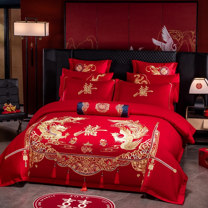 91家纺网 家纺一手货源 找家纺 慕她家纺 2026年全棉纯棉婚庆四件套大红色刺绣结床上用品 佳期龙凤